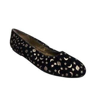 New York Transit Vintage  Moon And Stars Black and Gold Women's Ballet Flats